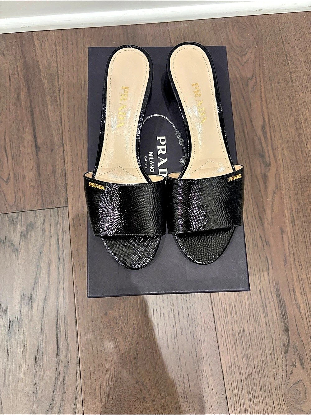 Prada Saffiano Leather Block Heel Slide Sandals Black